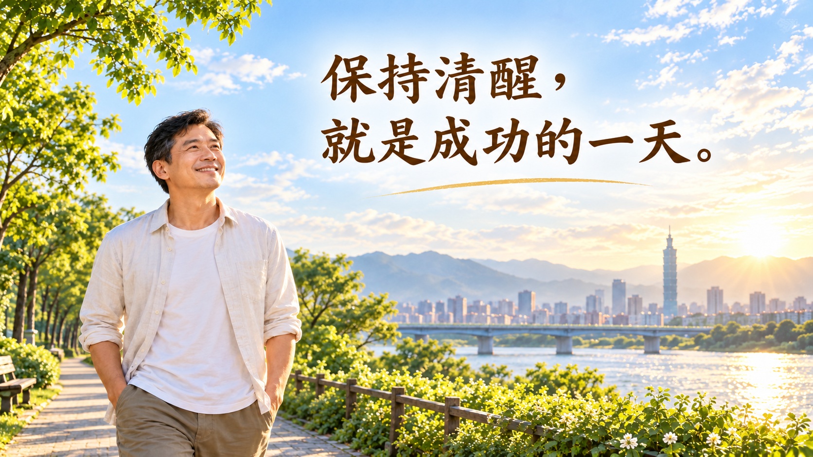 一位男子在河畔步道微笑散步，遠方是台北市景與夕陽，圖中文字：保持清醒，就是成功的一天。